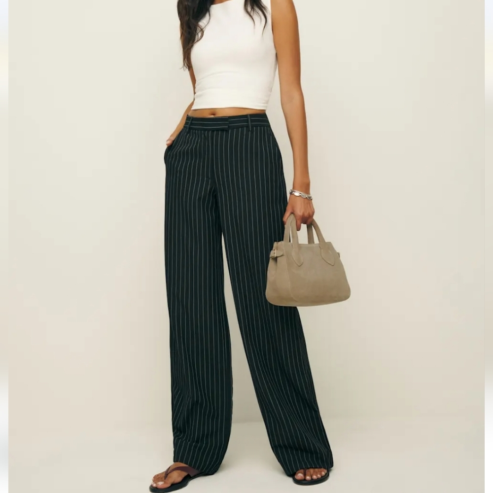 NWT Reformation Carter Mid-Rise Pants in Black Stripe Capsule Office Sz 8 - Picture 1 of 11